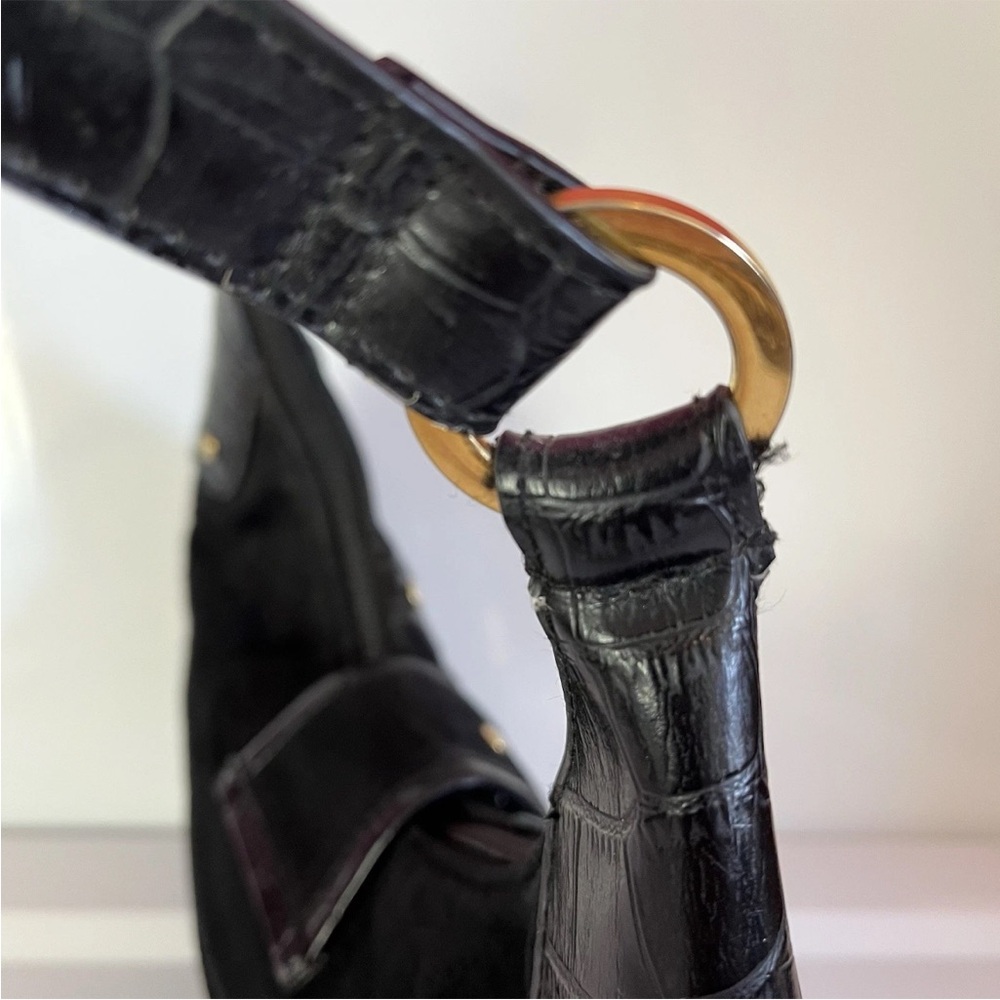 Fetish By Eve Black Suede Frame Handbag Top Zip Short Handle Gold Hardware Rare - Picture 9 of 12